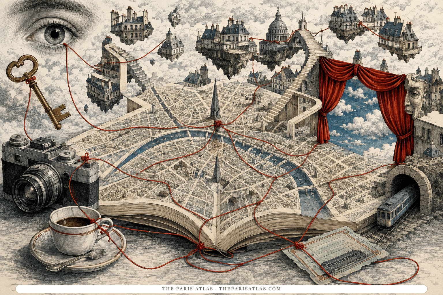 An impossible map of Paris links a camera, key, eye, café cup, theatre curtain, stairs, rooftops, and books with red thread
