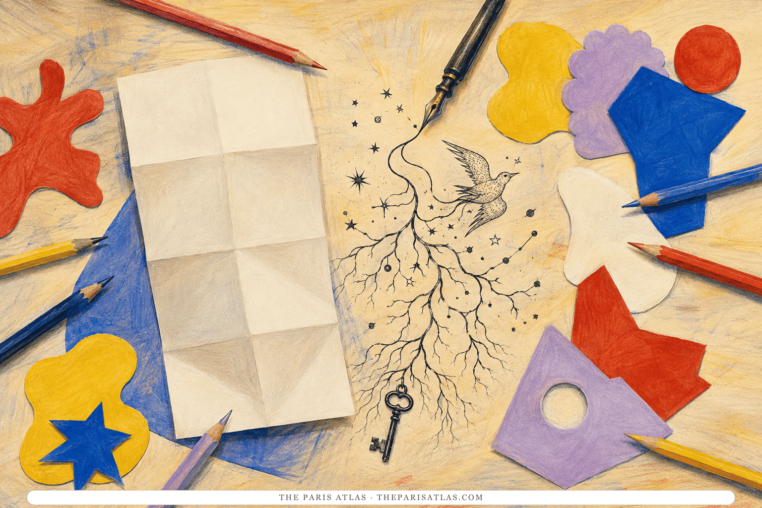 Colored pencils surround a folded drawing sheet while an automatic pen line becomes roots, stars, a bird, and a key