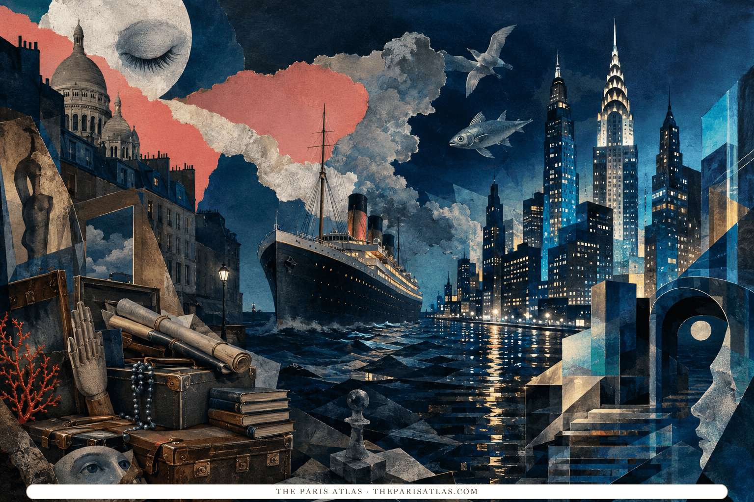 A ship carries books, suitcases, and dreamlike fragments from darkened Paris toward the luminous geometry of New York