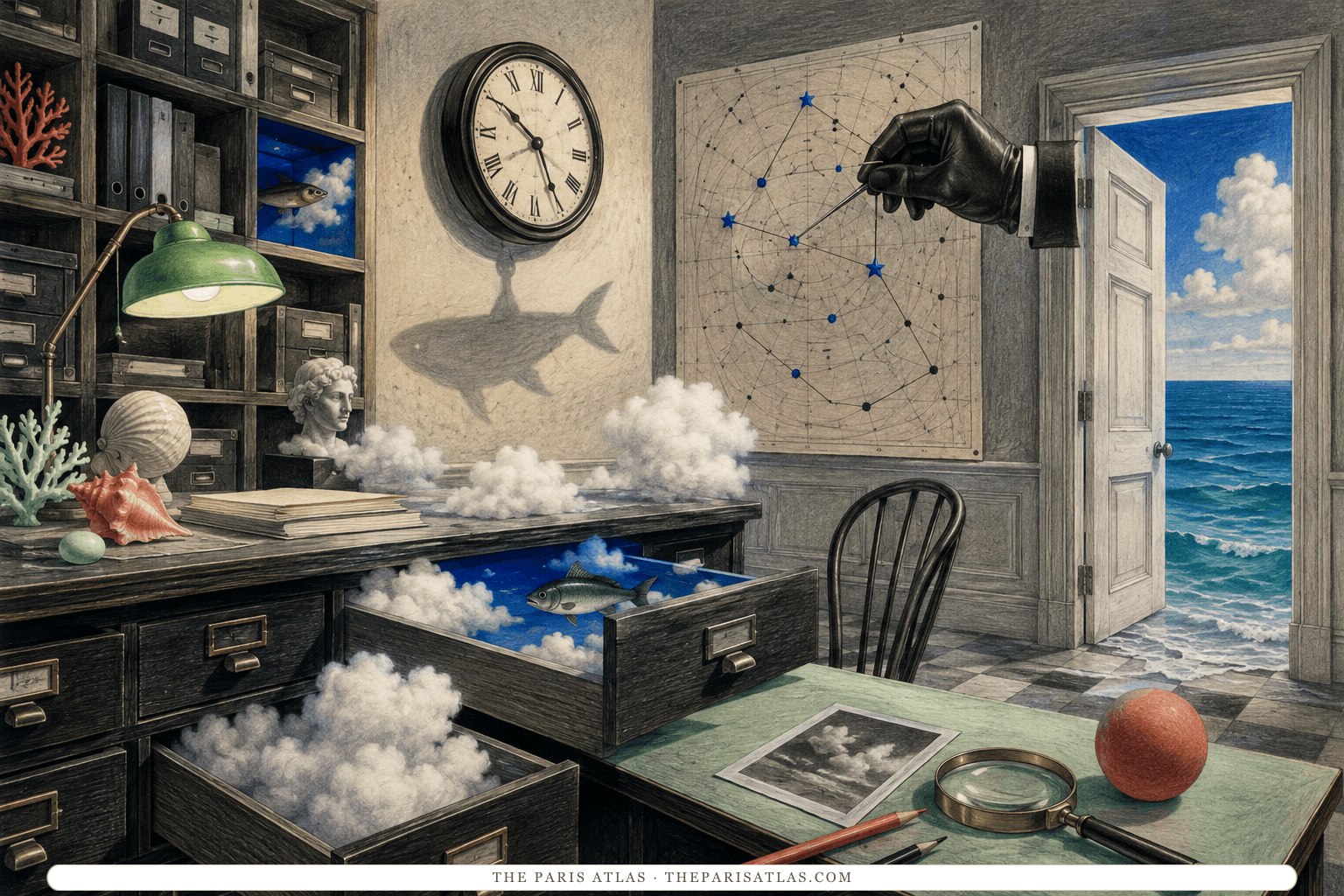 A precise office transforms into dream logic with cloud-filled drawers, a fish-shaped clock shadow, constellation chart, and door onto the sea