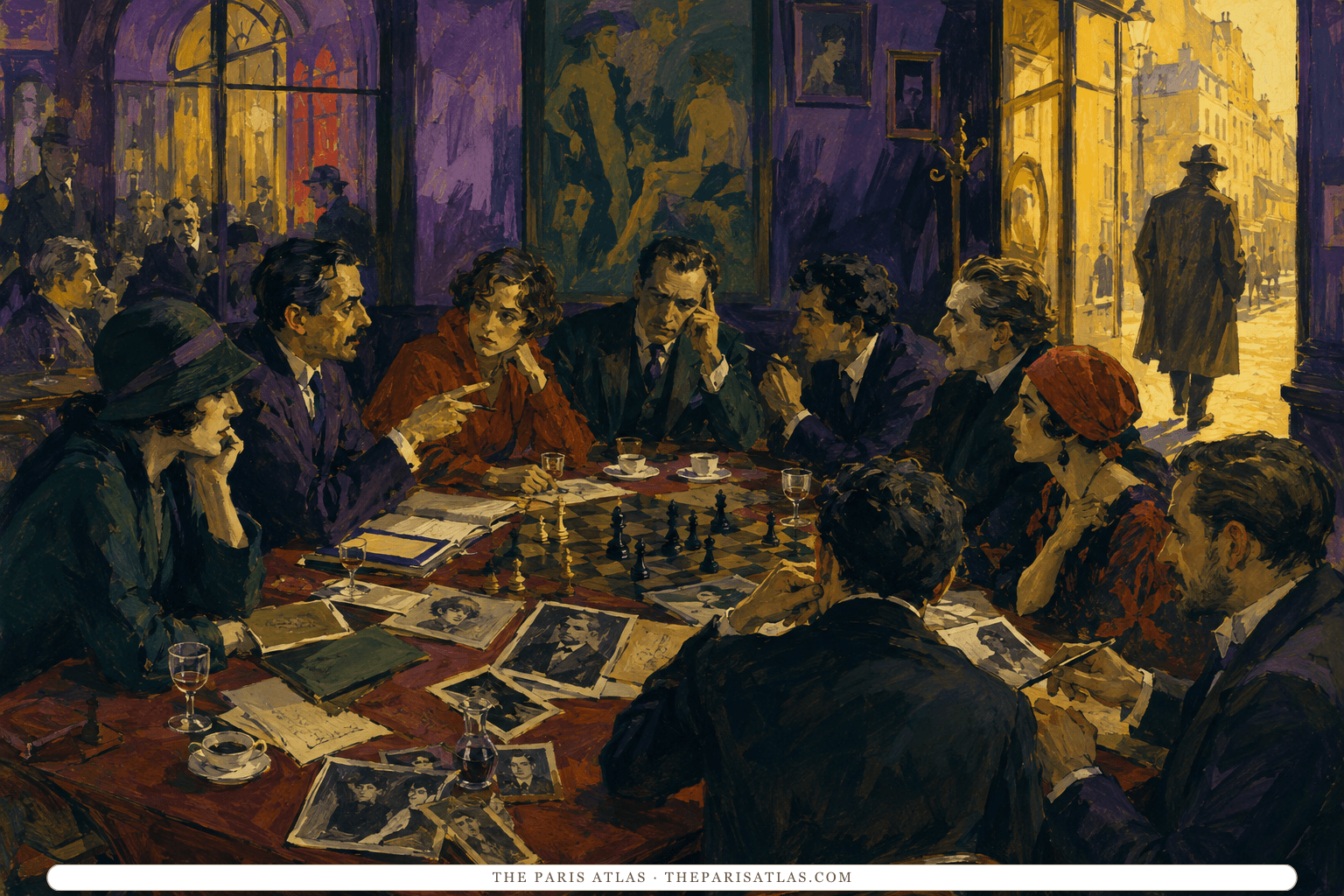 Writers and artists debate around a vivid 1920s café table while one figure departs through a yellow doorway