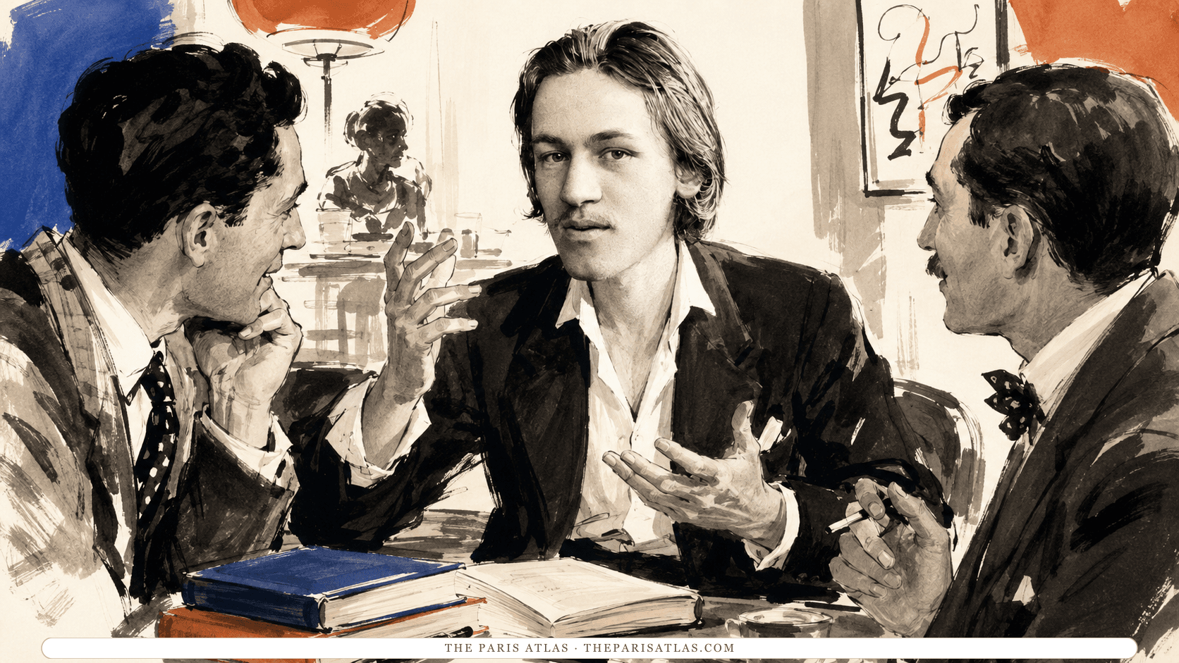 Illustration of Blaise Cendrars in conversation with two companions at a café table stacked with books