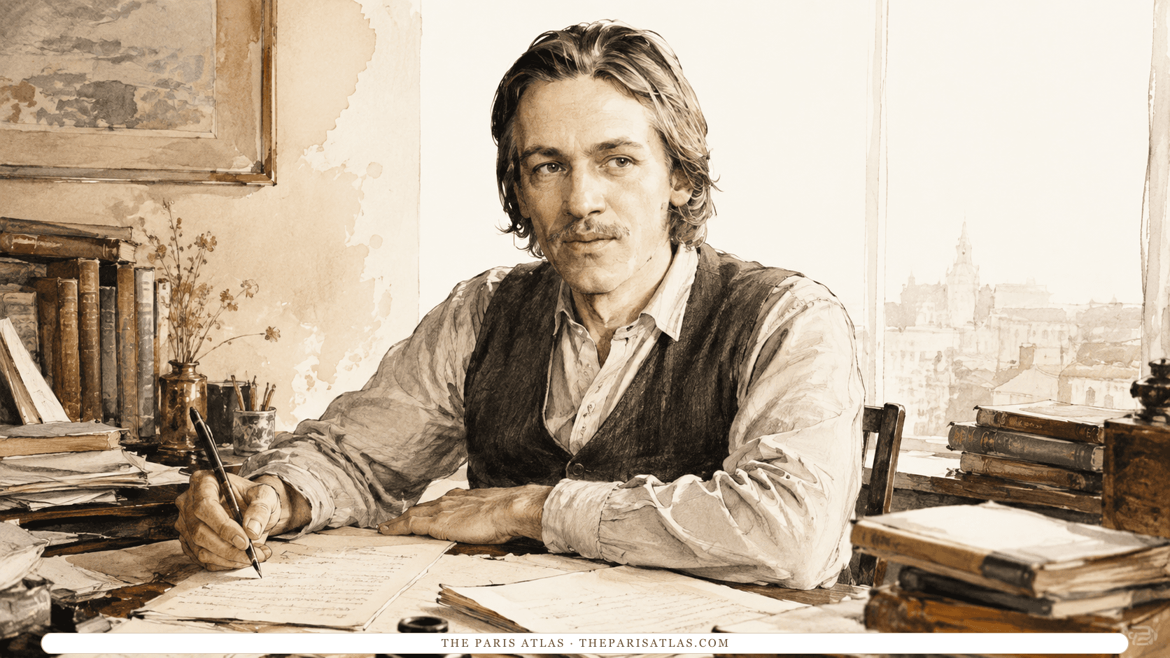 Illustration of an older Blaise Cendrars writing at a desk of manuscripts and books