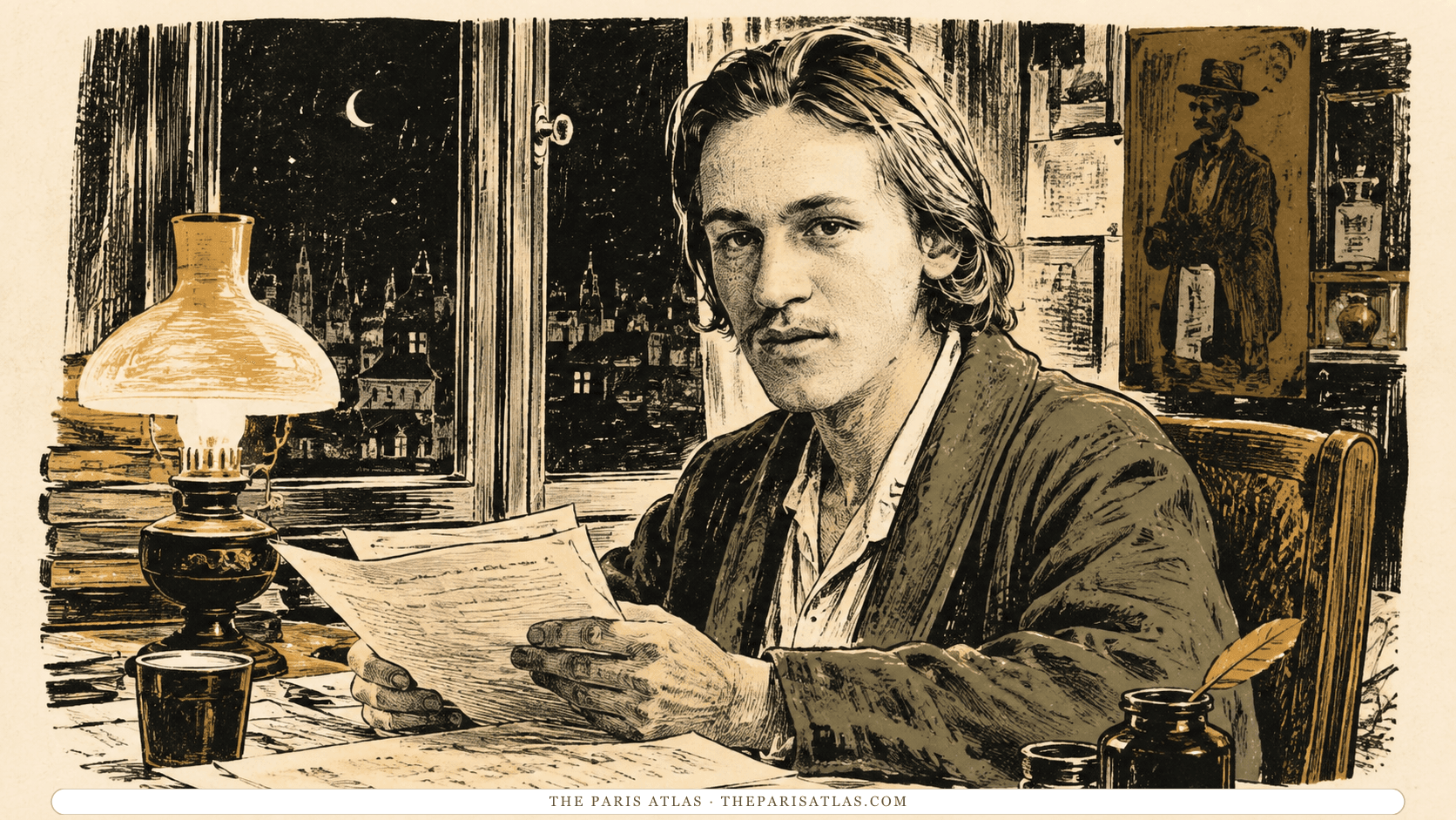 Illustration of Blaise Cendrars reading a manuscript by lamplight at night