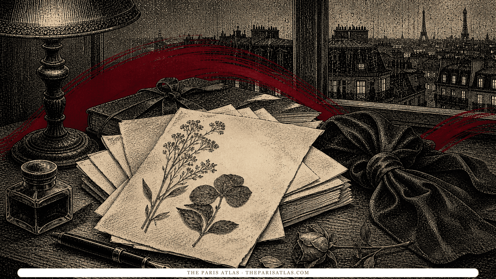 Pen-and-ink illustration of manuscript pages, pressed flowers, and rain-dark Paris rooftops