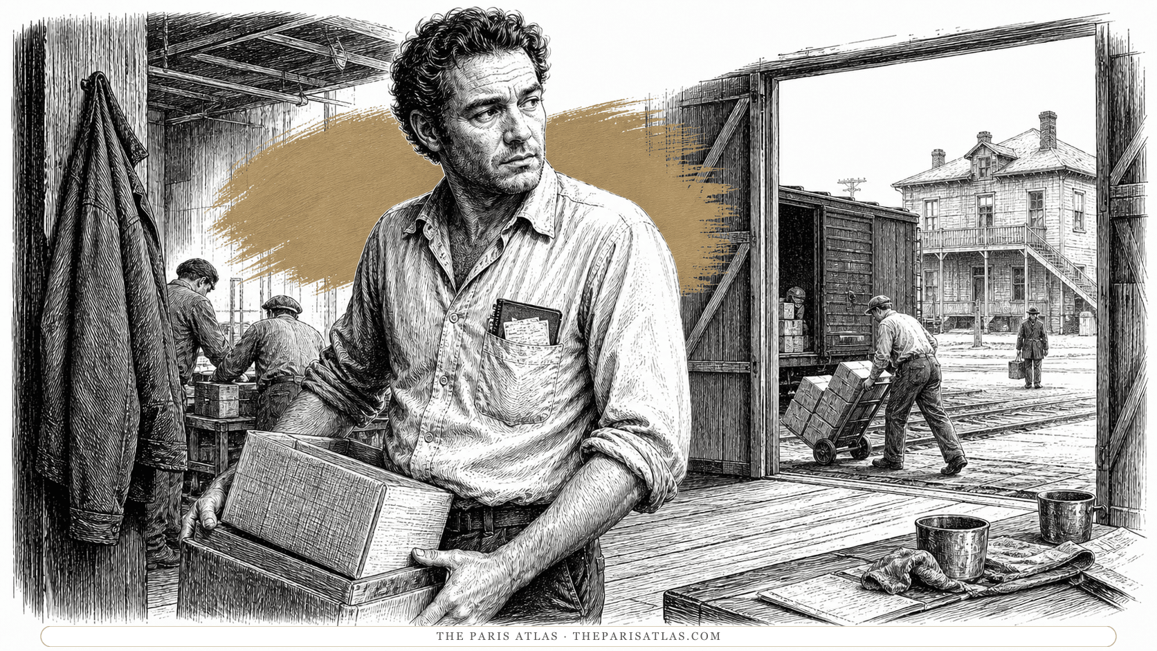 A young Chinaski-like drifter carrying a box in a 1940s warehouse as freight cars, laborers and a rooming house fill the loading-yard view.