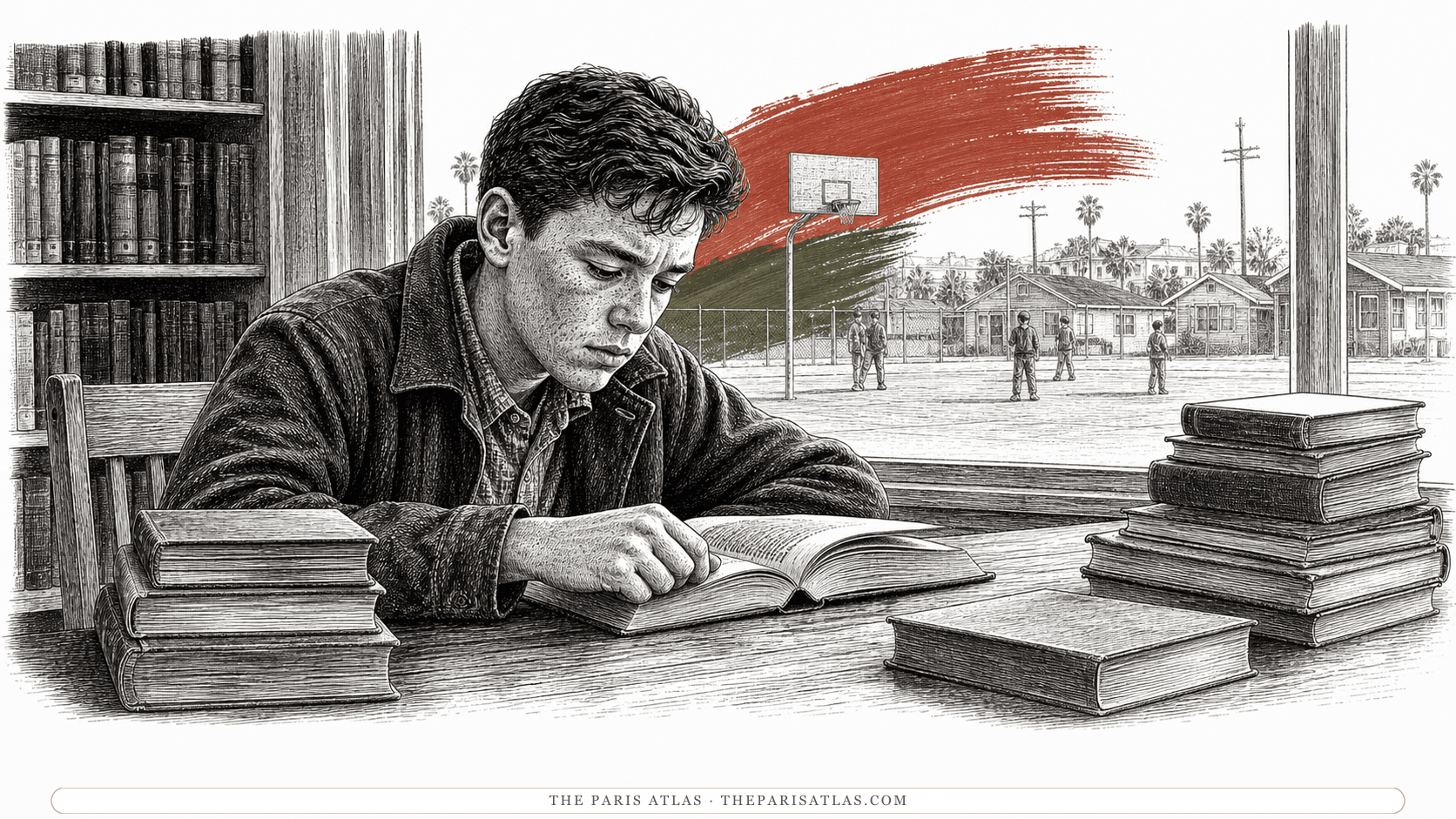 An isolated teenage boy reading at a public-library table while a Depression-era Los Angeles schoolyard and modest bungalows show through the window.