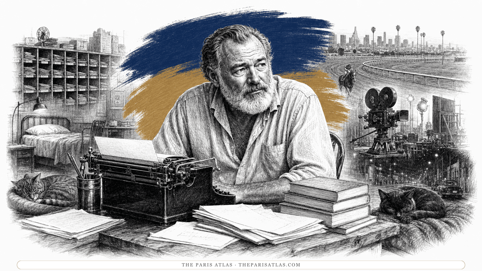 Charles Bukowski at a typewriter among manuscripts and unlettered books, with postal cases, a furnished room, racetrack, film set, Los Angeles night street and two cats arranged around him in engraved linework.
