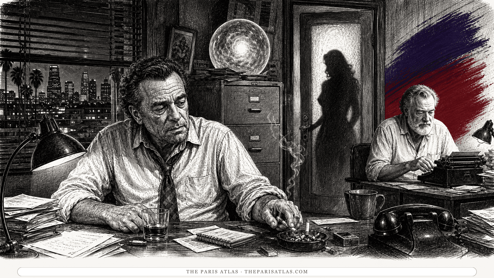 An invented shabby private detective in a surreal Los Angeles office with a glowing sphere and a shadowy client, while late Bukowski types at a separate desk.