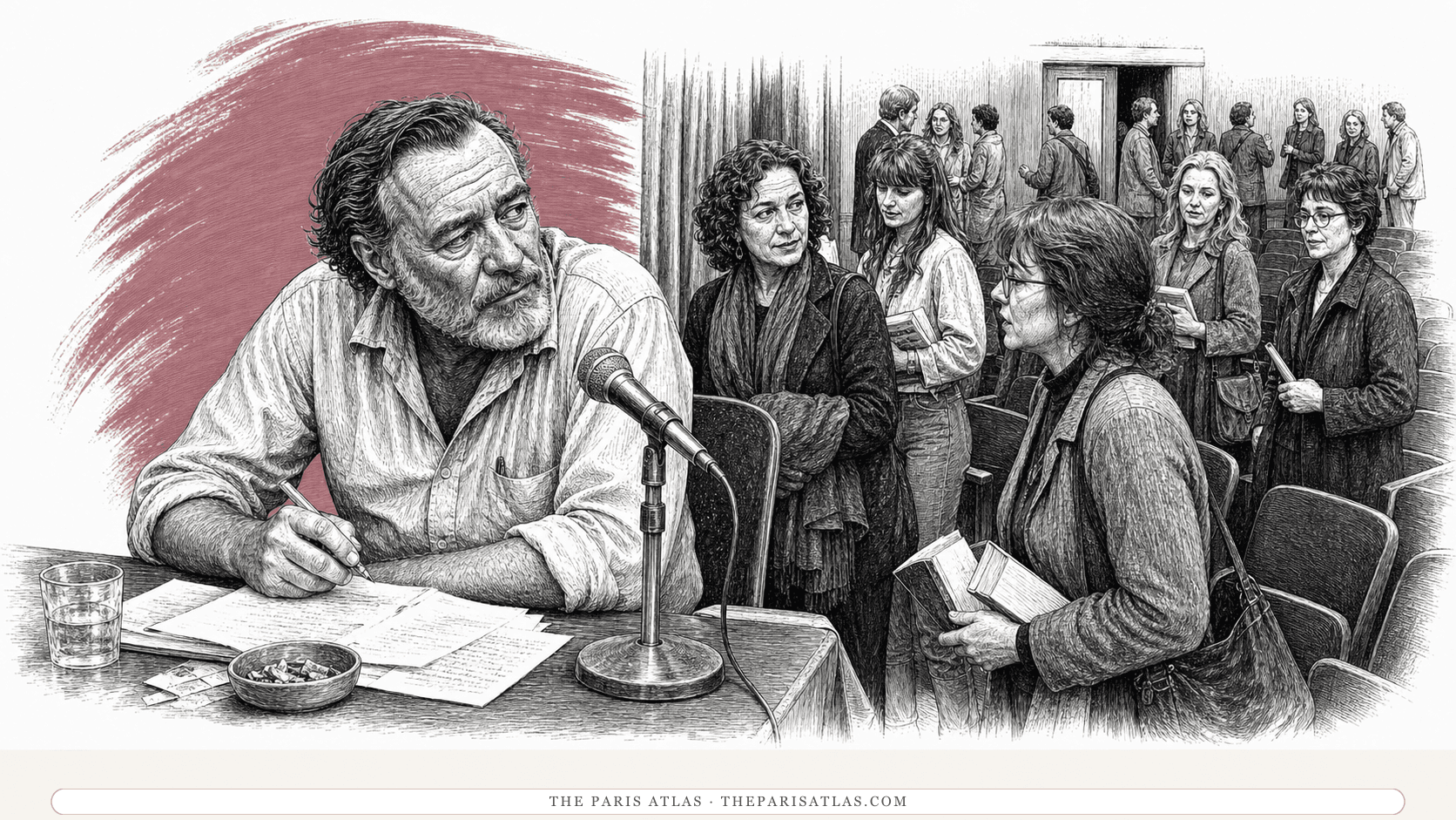 Charles Bukowski at a microphone after a university poetry reading while adult readers wait and talk among the auditorium seats.