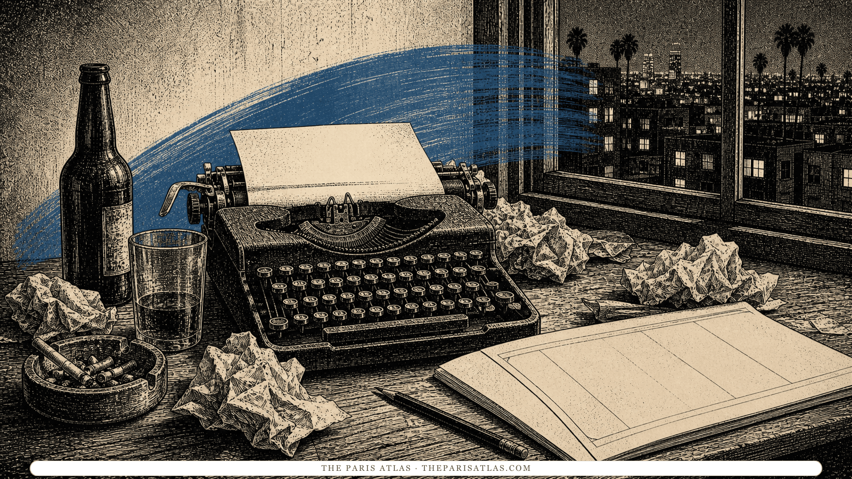 Pen-and-ink illustration of a battered typewriter, crumpled pages, and an unlabeled bottle in a Los Angeles room