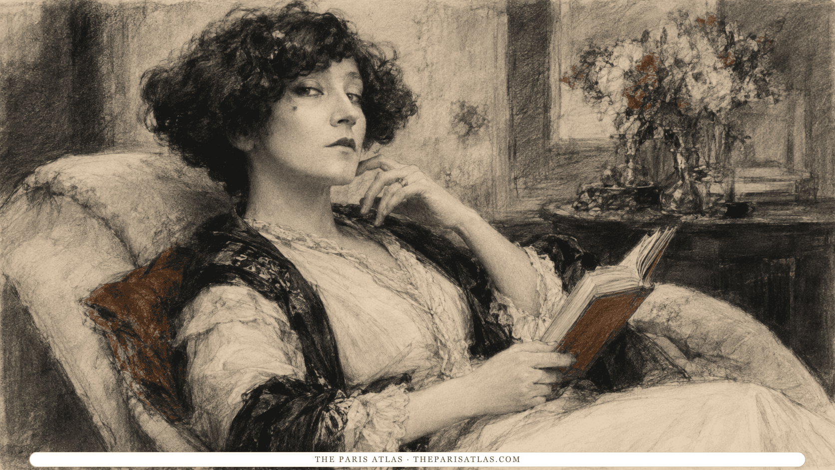 Illustration of Colette reading on a chaise longue in a white dress, flowers on the table beside her