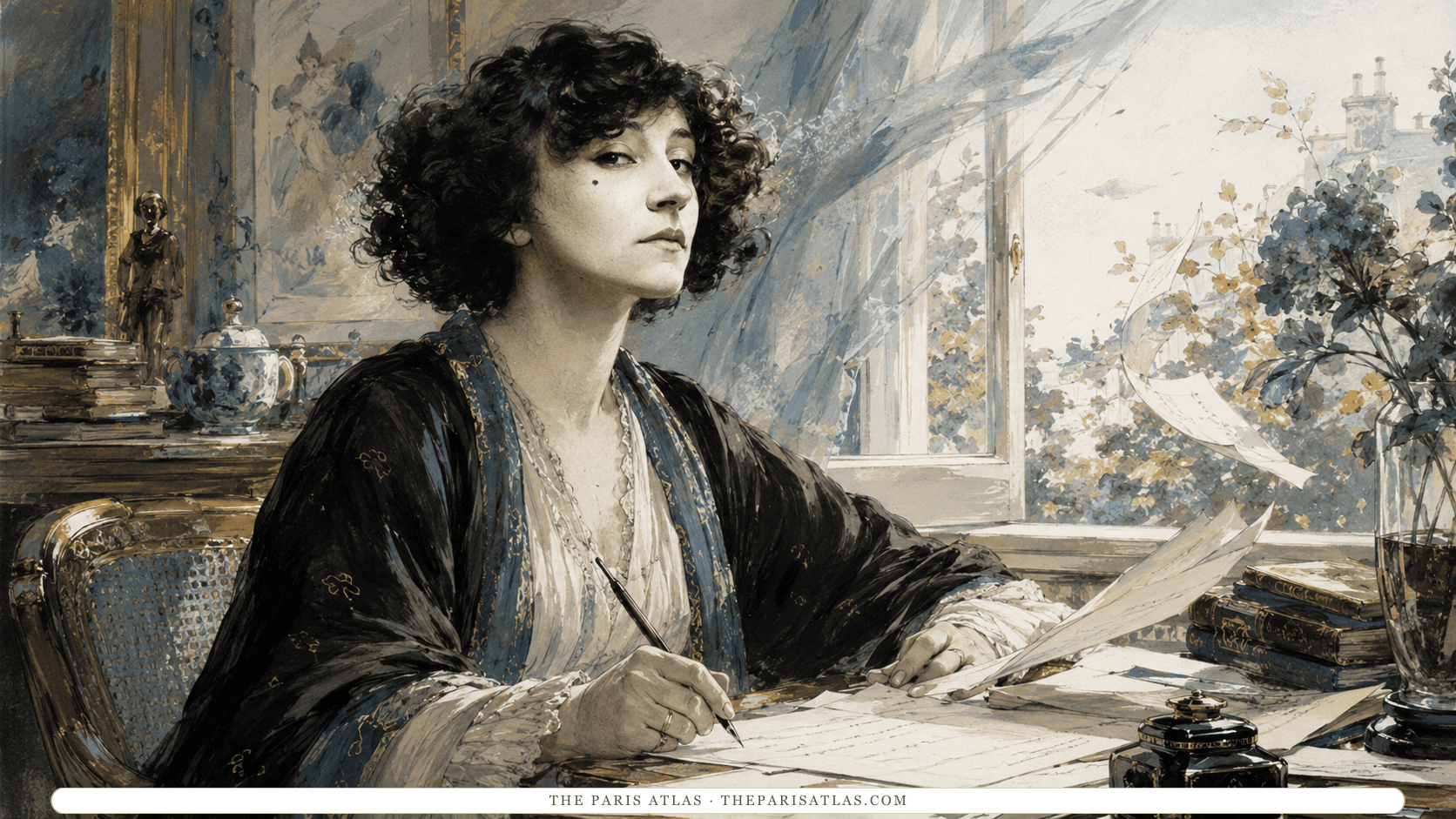 Illustration of Colette writing at a desk by an open window, loose pages lifting in the breeze