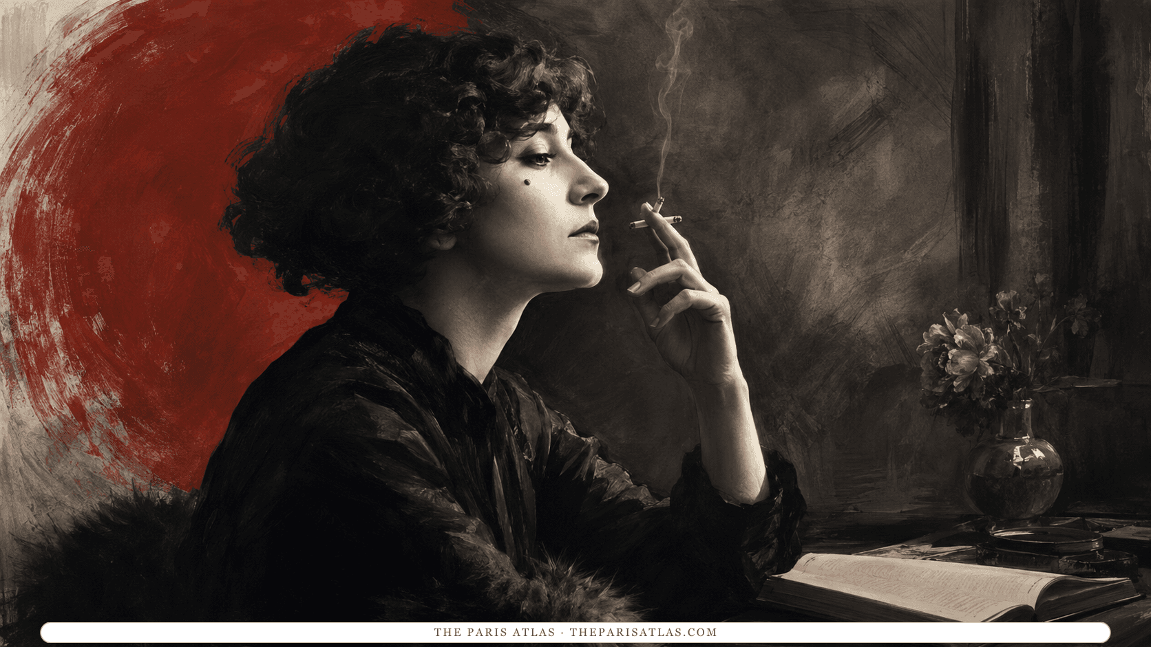 Illustration of Colette smoking in profile against a red circle, an open book on the table before her