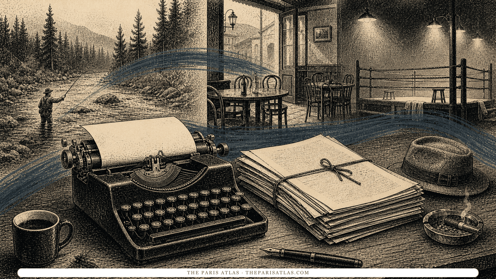 Pen-and-ink illustration of a typewriter and short manuscripts joined to a trout stream, café, and boxing ring