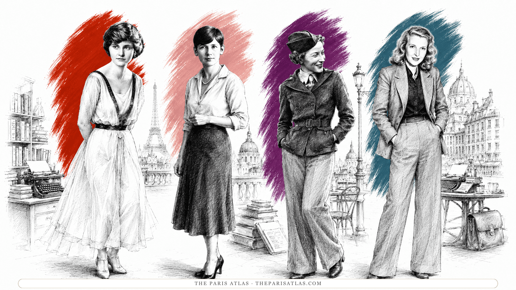 The four wives standing in a row on a terrace above Paris, a typewriter and a bookshelf at the left and the Eiffel Tower behind them.