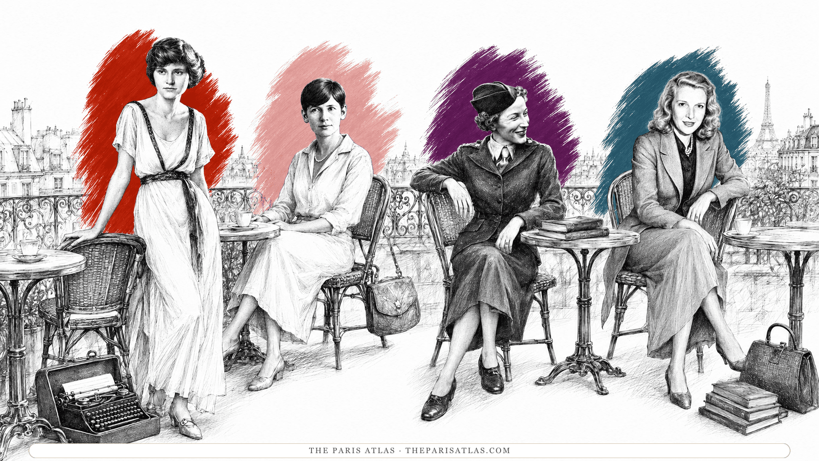 The four wives seated at café tables on a balcony terrace, with coffee cups, books, and handbags, and a typewriter in its case at the left.