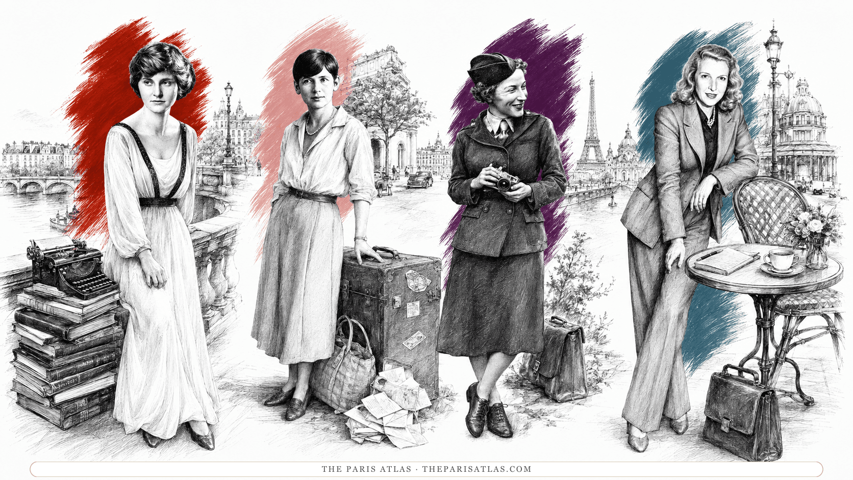 The four wives drawn with the tools of their own work: Hadley Richardson beside a stack of books and a typewriter, Pauline Pfeiffer with a label-covered steamer trunk and scattered letters, Martha Gellhorn holding a camera, and Mary Welsh Hemingway at a café table set with a notebook and pen.