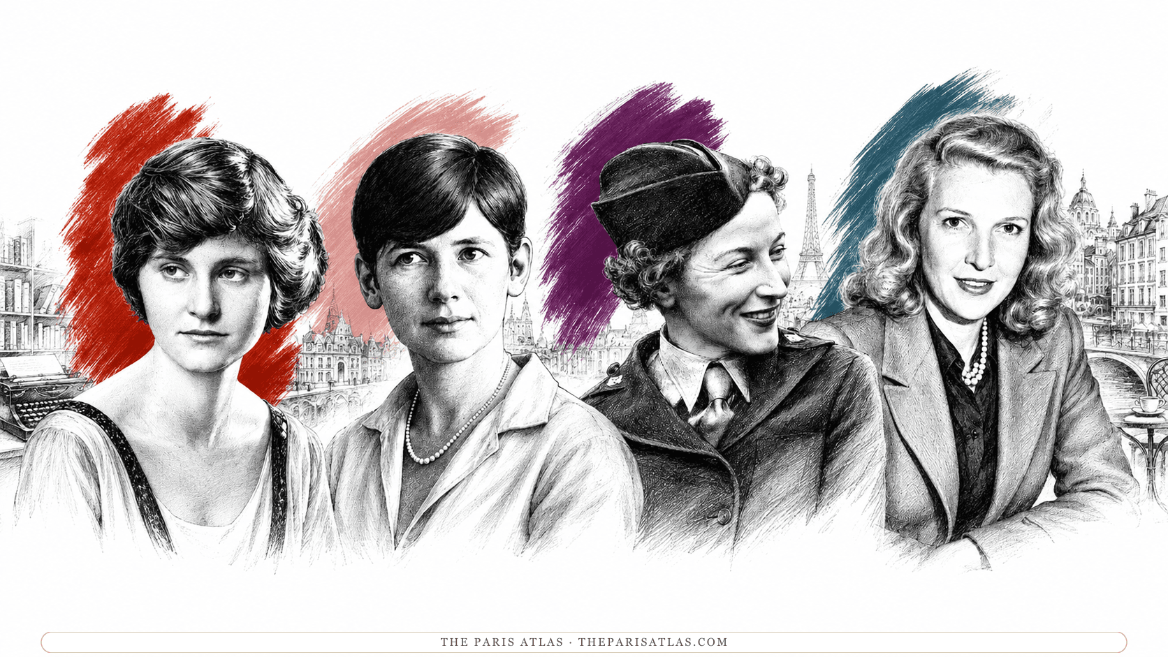 Illustrated portraits of Ernest Hemingway's four wives, left to right in order of marriage: Hadley Richardson, Pauline Pfeiffer, Martha Gellhorn, and Mary Welsh Hemingway, against a drawn Paris skyline.
