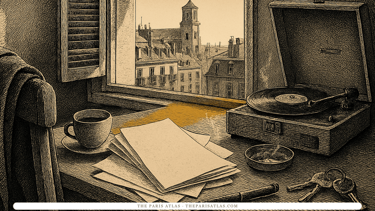 Pen-and-ink illustration of manuscript pages, a fountain pen, coffee and a record player on a table beside an open window over Paris rooftops.