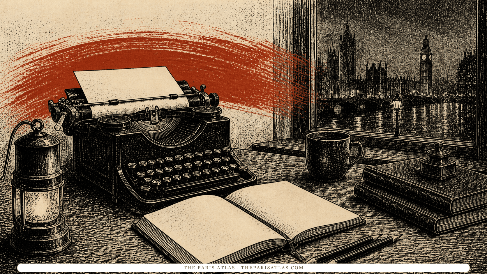Pen-and-ink illustration of a typewriter, notebook, and miner's lamp overlooking rainy London