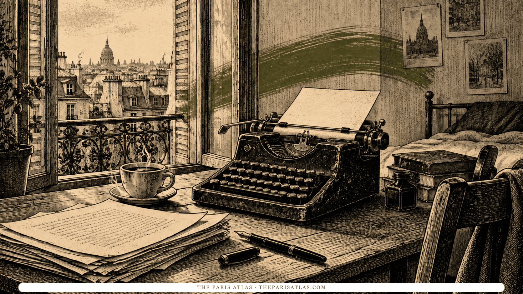 Pen-and-ink illustration of a typewriter, manuscript pages and coffee in a modest Paris room.