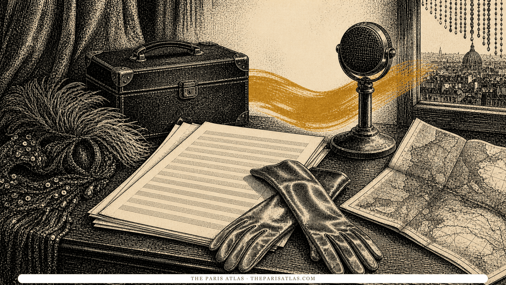 Pen-and-ink illustration of a backstage travel case, music folio, gloves, map, and vintage microphone