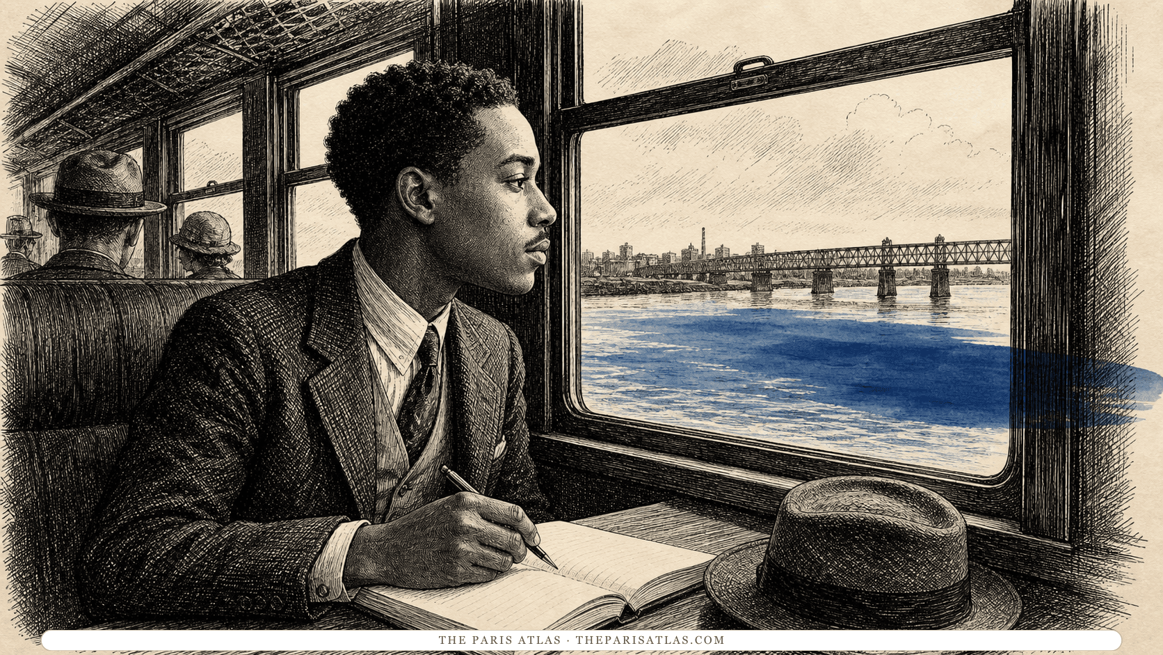 Pen-and-ink illustration of a young Black poet writing beside a train window overlooking a river