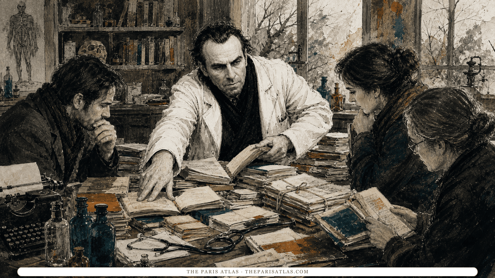 Louis-Ferdinand Céline in a white doctor's coat leaning across a crowded clinic-library table while two readers and an archivist compare books, manuscripts, and tied bundles of correspondence.