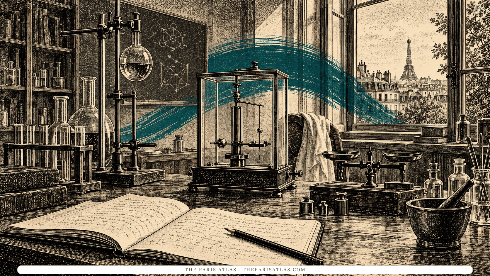 Glassware, a balance and a notebook in an illustrated early physics laboratory.