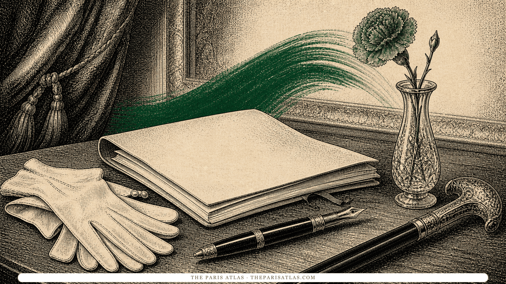 Pen-and-ink illustration of pale gloves, a green carnation, a cane, and an ornate fountain pen