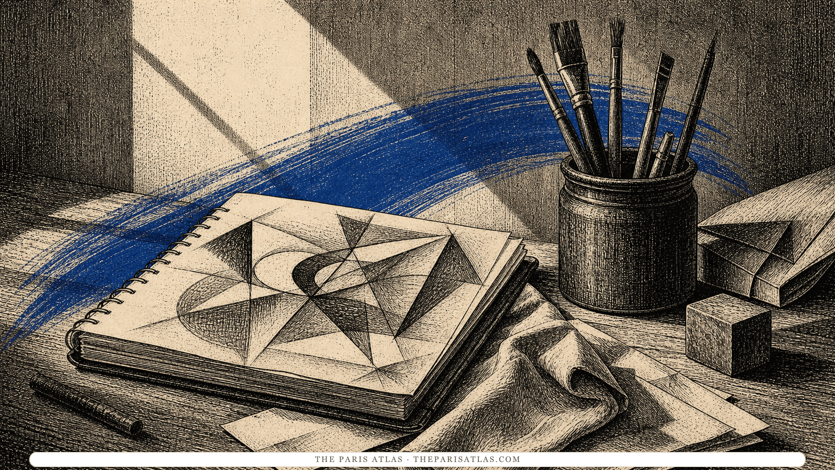 Pen-and-ink illustration of an abstract sketchbook, brushes, folded paper, and geometric studio shadows