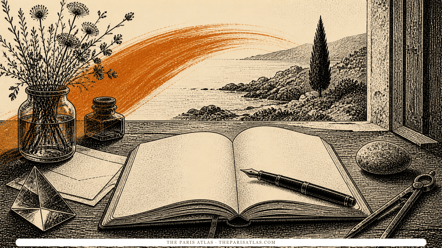 Pen-and-ink illustration of a notebook, drafting tools, and an original still life overlooking the Catalan coast
