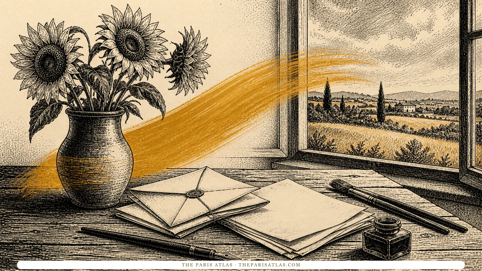 Pen-and-ink illustration of folded letters, brushes, sunflowers, and fields beyond an Arles window