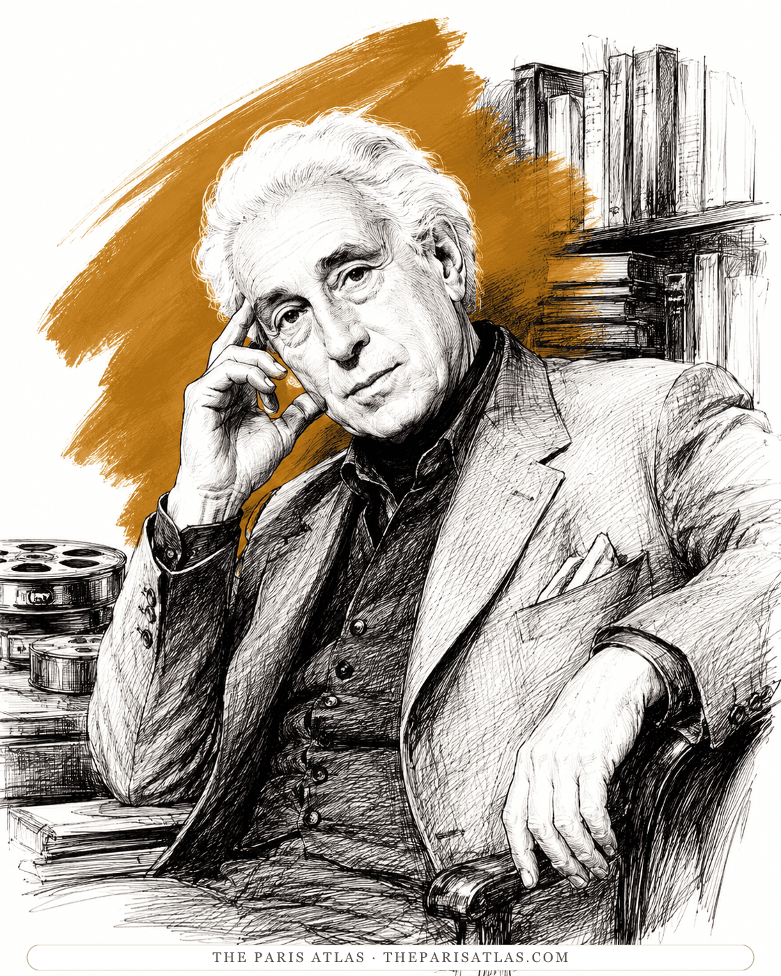 Illustration of an elderly Abel Gance seated in an armchair, hand to his temple, film cans and books around him