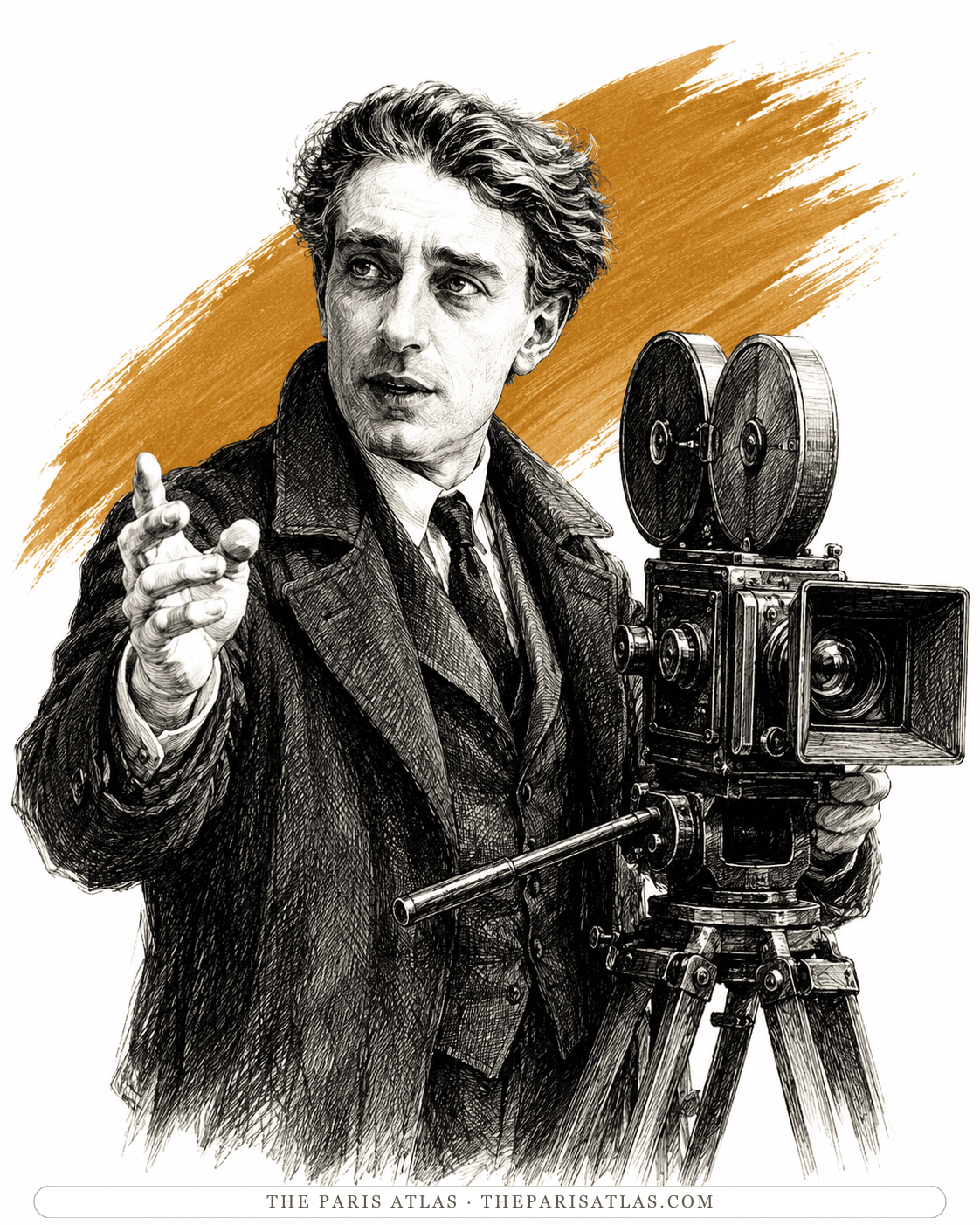 Illustration of Abel Gance beside a silent-era camera on a tripod, one hand raised to direct