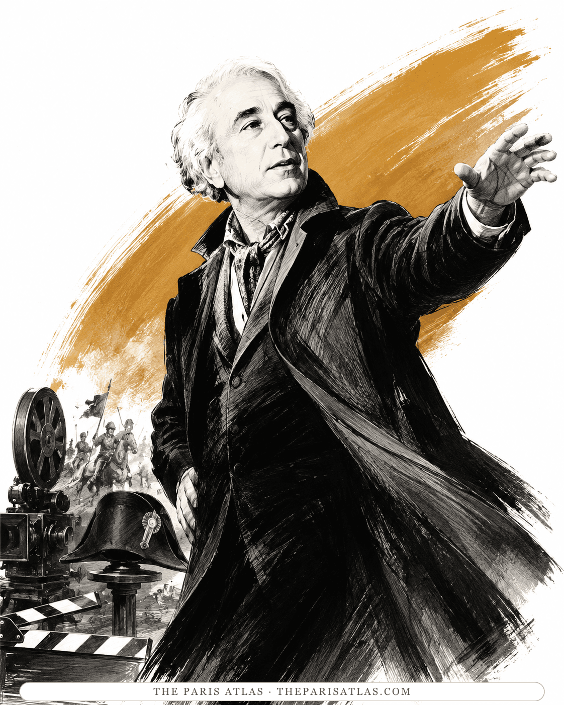 Illustration of an older Abel Gance in a long dark coat, arm outstretched, a bicorne hat and cavalry behind him