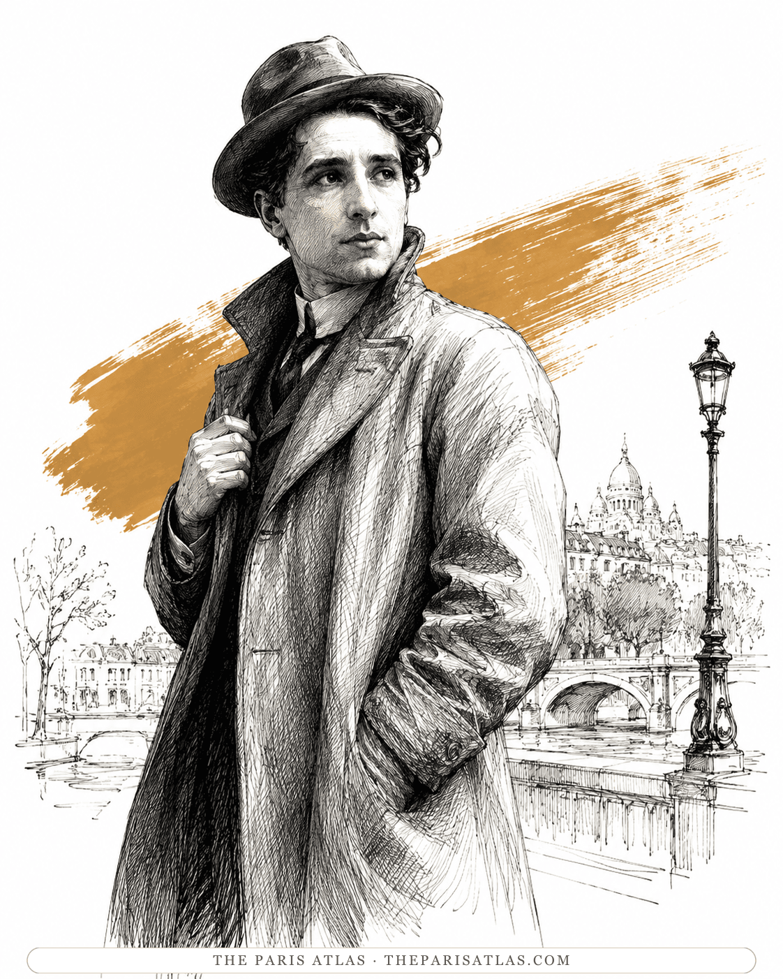 Illustration of a young Abel Gance in hat and overcoat on a Paris quay, Sacré-Cœur on the hill behind