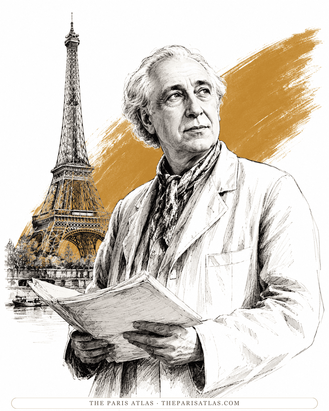Illustration of an older Abel Gance holding an open script beside the Seine, the Eiffel Tower behind