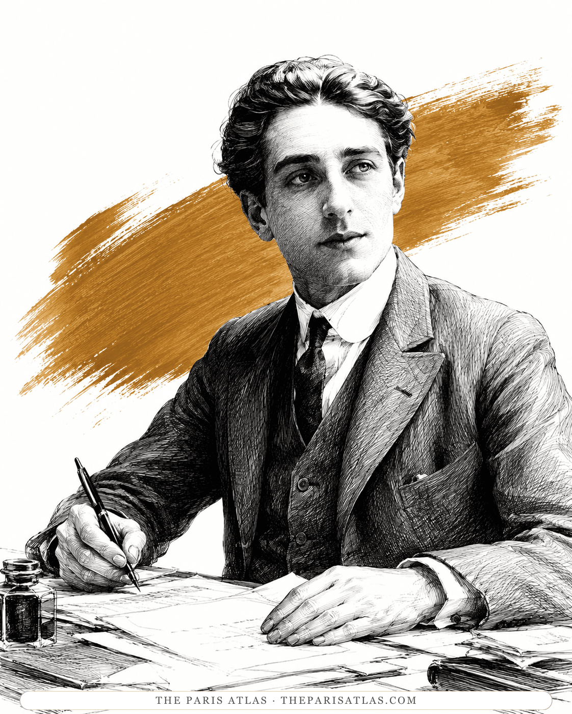 Illustration of a young Abel Gance seated at a desk writing with a pen, an inkwell and loose pages before him
