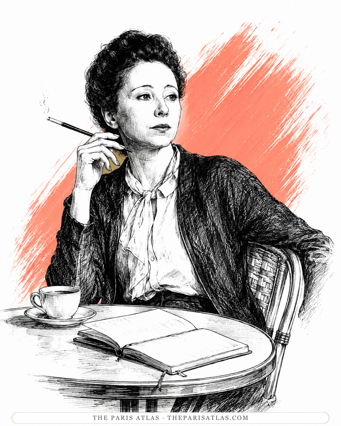 Illustration of Anaïs Nin at a café table with a cigarette, coffee, and an open diary