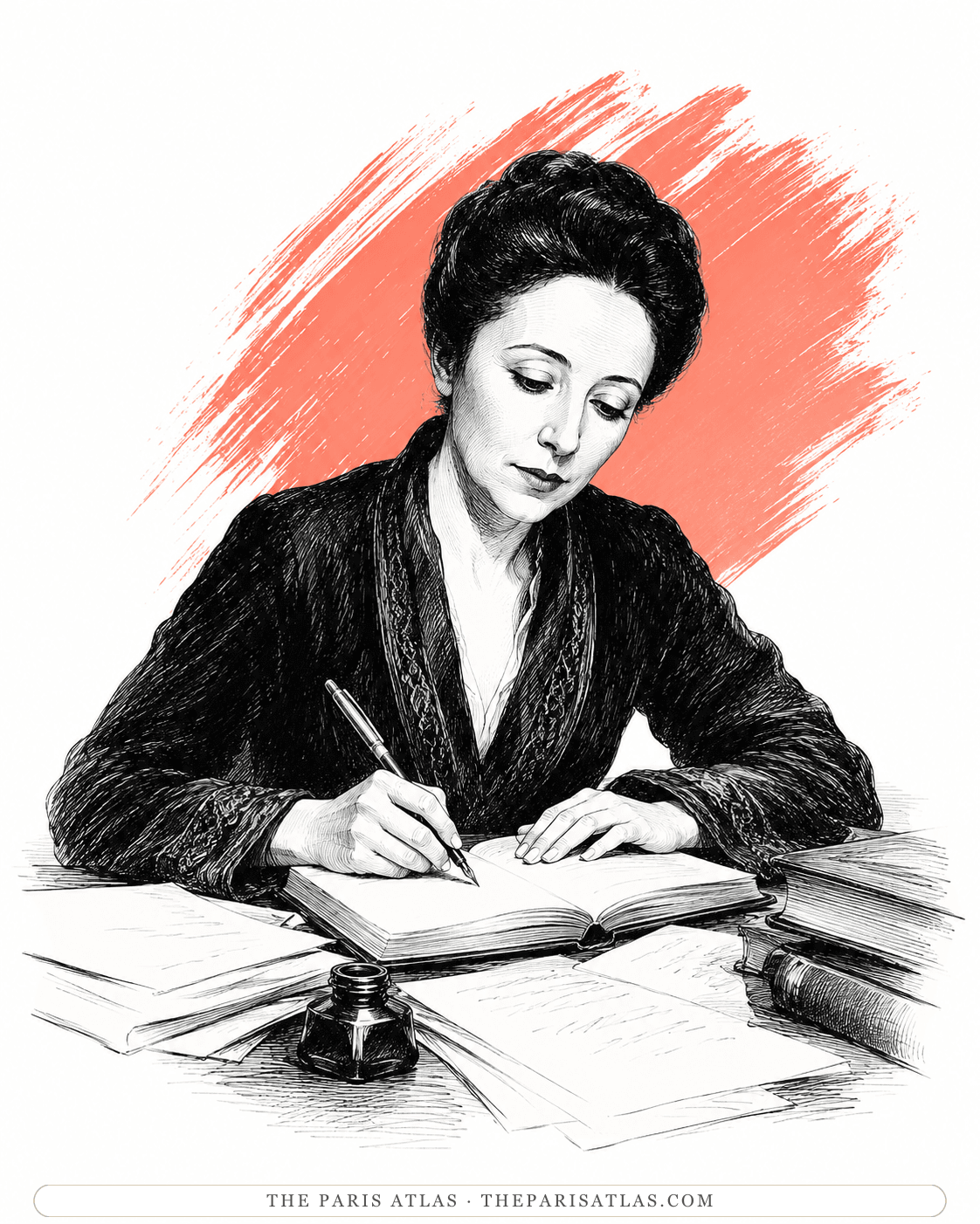 Illustration of Anaïs Nin writing in her diary at a desk with an inkwell