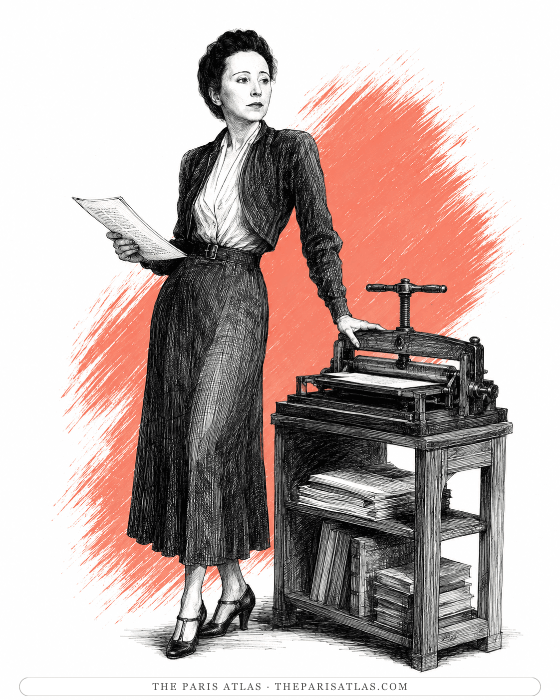 Illustration of Anaïs Nin standing beside a hand printing press, holding a proof sheet