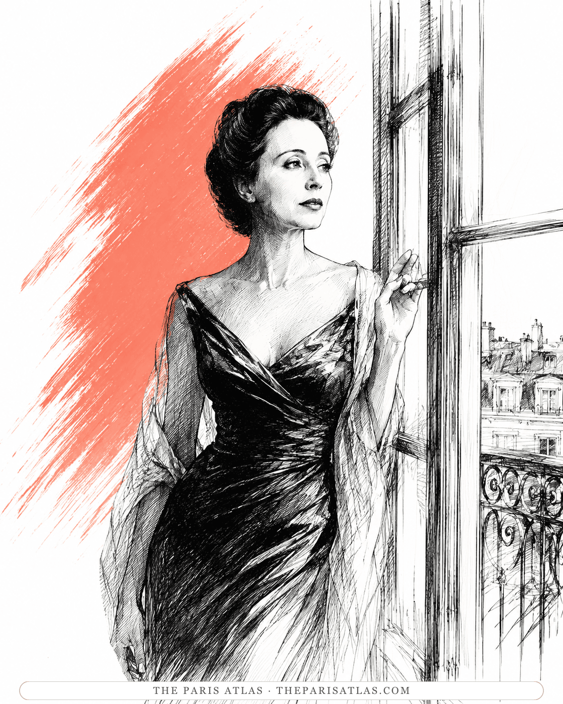 Illustration of Anaïs Nin in an evening gown at a window over the Paris rooftops