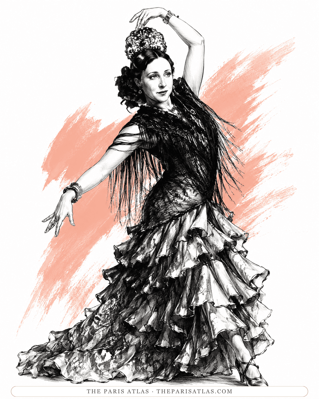 Illustration of Anaïs Nin dancing flamenco in a ruffled dress