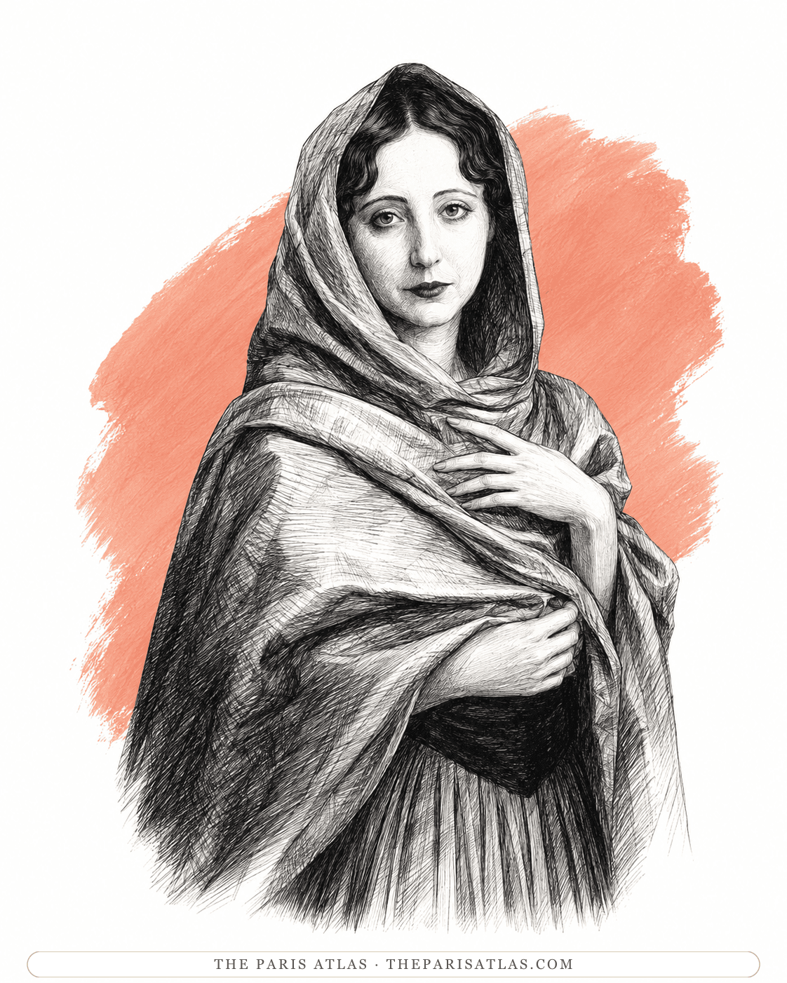 Illustration of Anaïs Nin wrapped in a shawl drawn over her head