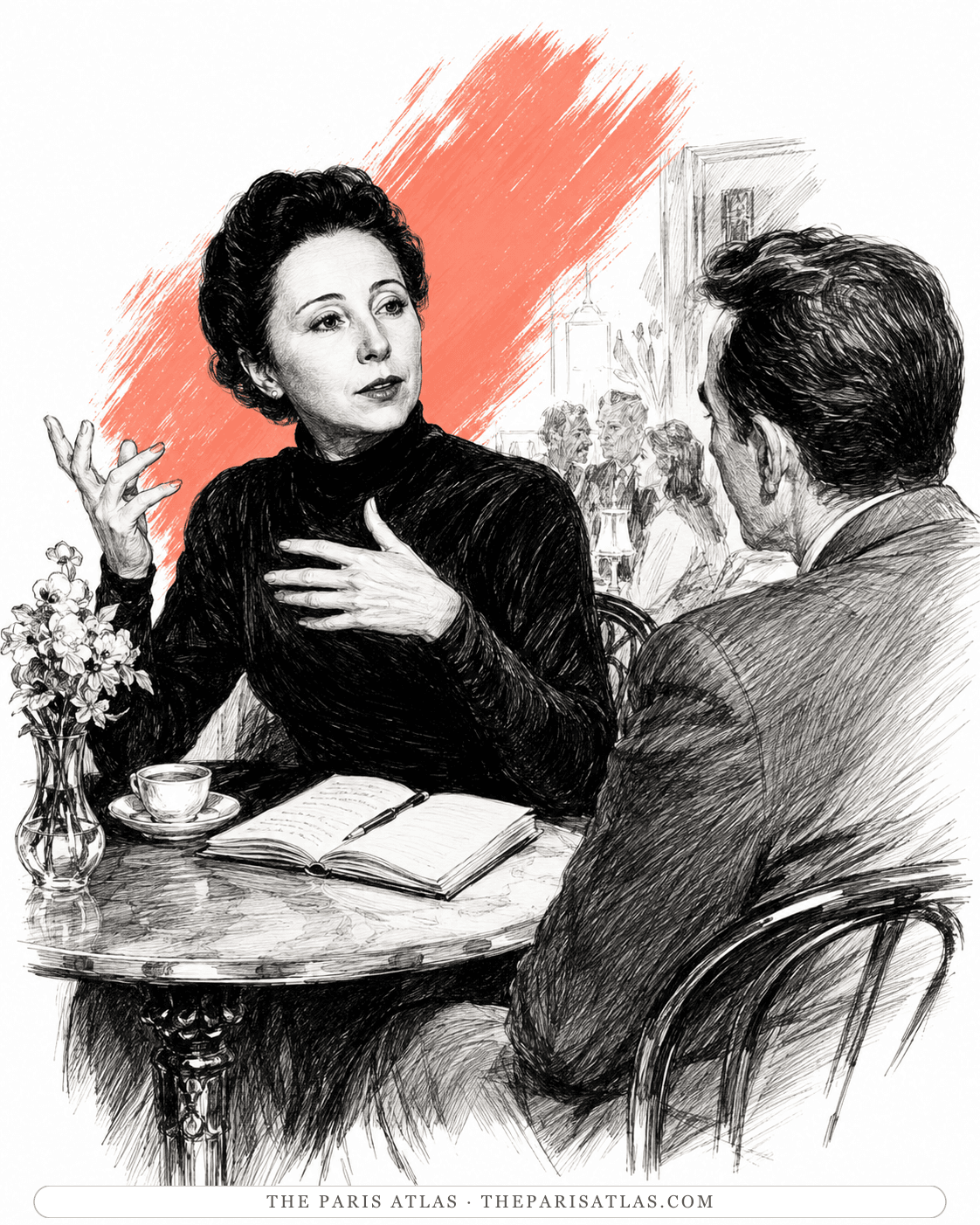 Illustration of Anaïs Nin gesturing in conversation at a café table