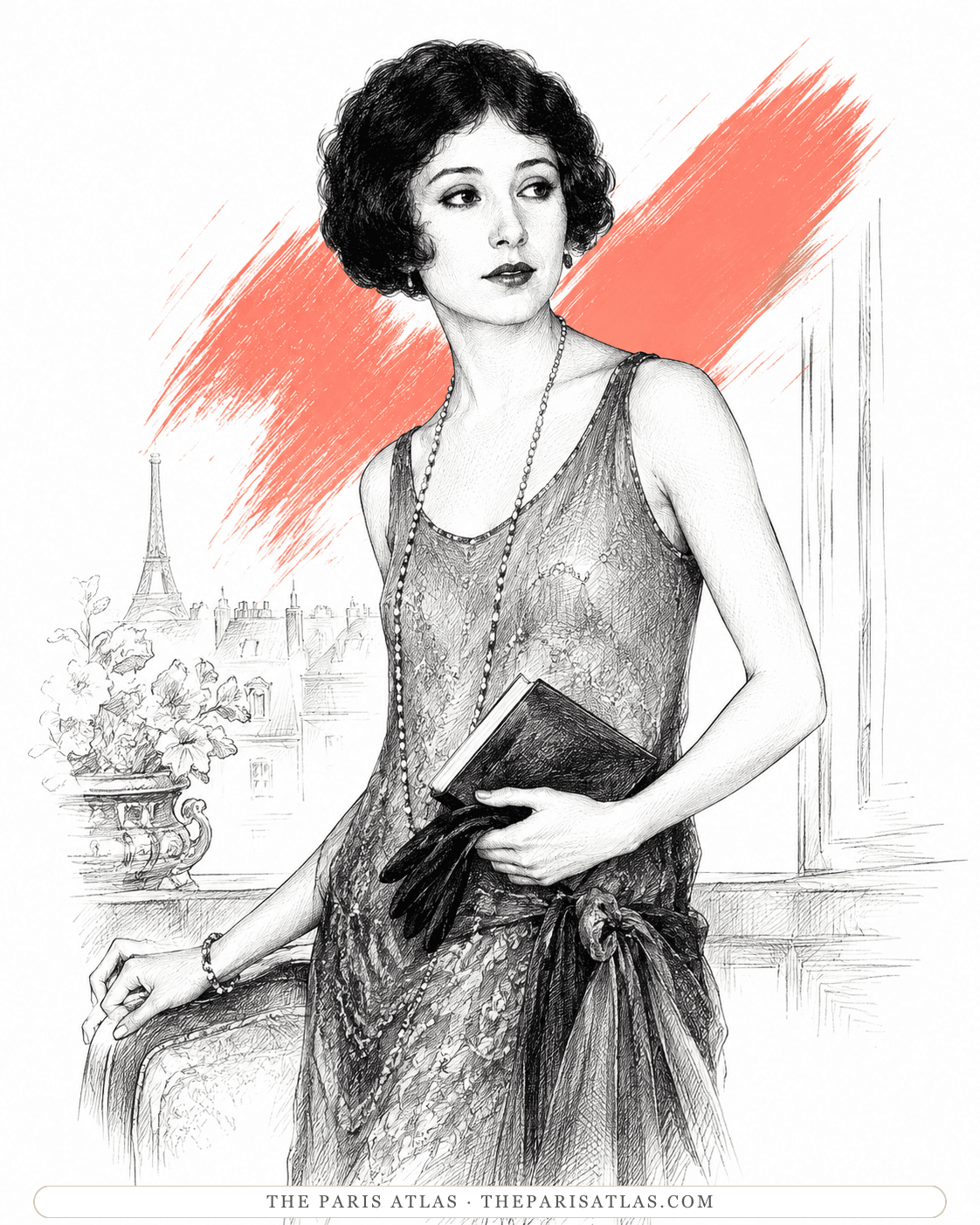 Illustration of a young Anaïs Nin in a 1920s beaded dress and long pearls, Paris rooftops behind