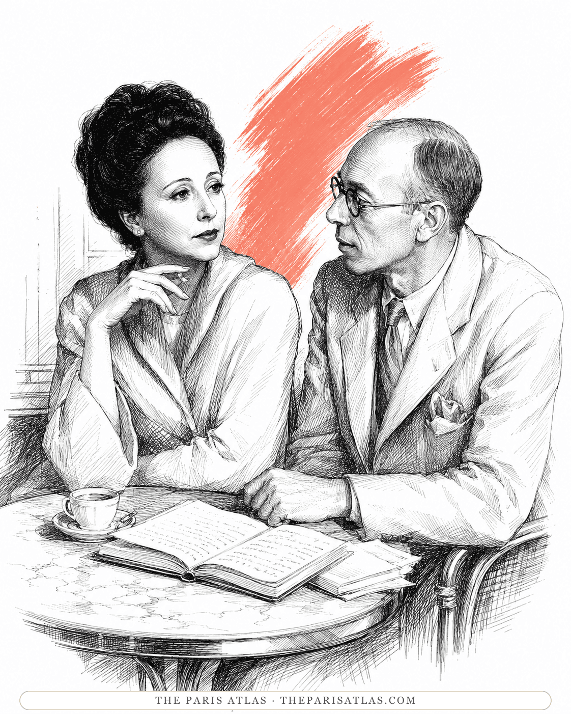Illustration of Anaïs Nin at a café table with an older bespectacled companion