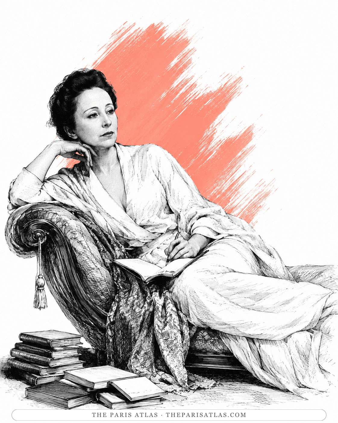 Illustration of Anaïs Nin reclining on a divan in a white robe, writing, books stacked below
